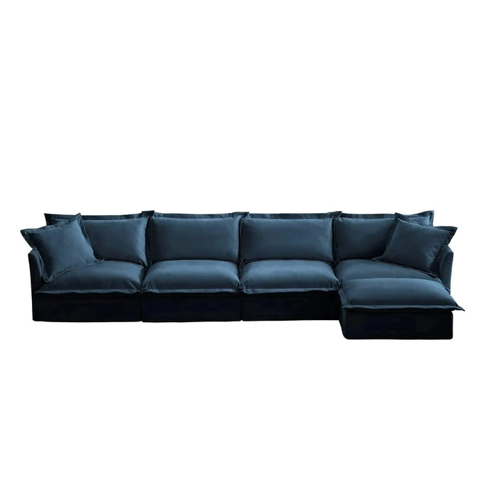 Slipcovered L Shape Sectional Long Sofa Couch, 4 Seater Sofa with Suppleness Armrests, Chenille Deep Seat Sofa with 2 Big Pillows, Comfy Couch for Living Room, Apartment, Chenille Fabric Blue -DTYStore