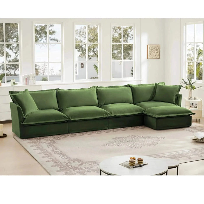 Slipcovered L Shape Sectional Long Sofa Couch, 4 Seater Sofa with Suppleness Armrests, Chenille Deep Seat Sofa with 2 Big Pillows, Comfy Couch for Living Room, Apartment, Chenille Fabric Green -DTYStore
