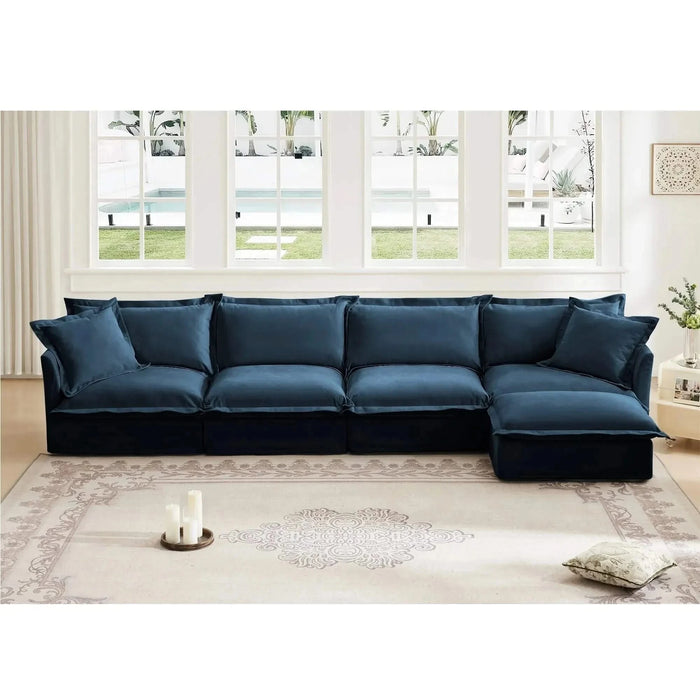 Slipcovered L Shape Sectional Long Sofa Couch, 4 Seater Sofa with Suppleness Armrests, Chenille Deep Seat Sofa with 2 Big Pillows, Comfy Couch for Living Room, Apartment, Chenille Fabric Blue -DTYStore