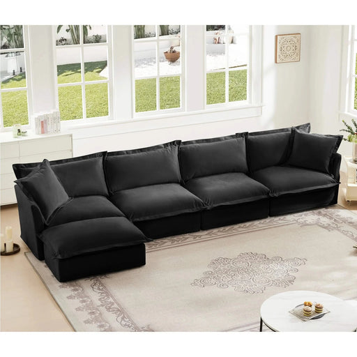 Slipcovered L Shape Sectional Long Sofa Couch, 4 Seater Sofa with Suppleness Armrests, Chenille Deep Seat Sofa with 2 Big Pillows, Comfy Couch for Living Room, Apartment, Chenille Fabric, Black Default -DTYStore