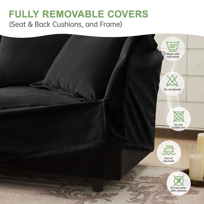 Slipcovered L Shape Sectional Long Sofa Couch, 4 Seater Sofa with Suppleness Armrests, Chenille Deep Seat Sofa with 2 Big Pillows, Comfy Couch for Living Room, Apartment, Chenille Fabric, Black Default -DTYStore