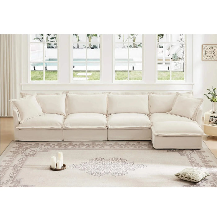 Slipcovered L Shape Sectional Long Sofa Couch, 4 Seater Sofa with Suppleness Armrests, Chenille Deep Seat Sofa with 2 Big Pillows, Comfy Couch for Living Room, Apartment, Chenille Fabric, Cream Default -DTYStore