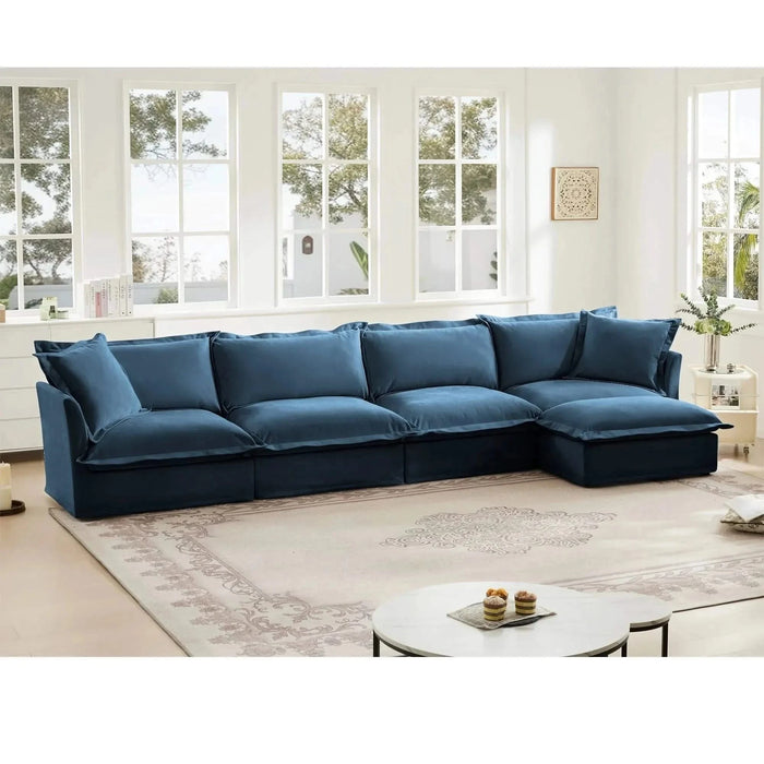 Slipcovered L Shape Sectional Long Sofa Couch, 4 Seater Sofa with Suppleness Armrests, Chenille Deep Seat Sofa with 2 Big Pillows, Comfy Couch for Living Room, Apartment, Chenille Fabric Blue -DTYStore