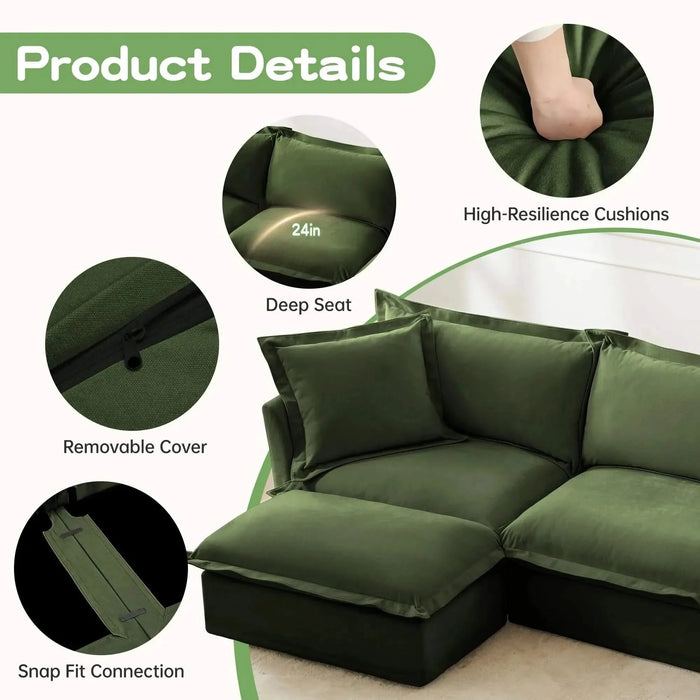 Slipcovered L Shape Sectional Long Sofa Couch, 4 Seater Sofa with Suppleness Armrests, Chenille Deep Seat Sofa with 2 Big Pillows, Comfy Couch for Living Room, Apartment, Chenille Fabric Green -DTYStore