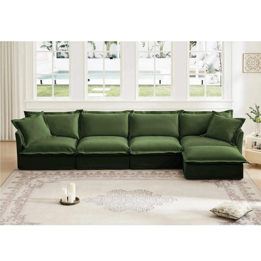 Slipcovered L Shape Sectional Long Sofa Couch, 4 Seater Sofa with Suppleness Armrests, Chenille Deep Seat Sofa with 2 Big Pillows, Comfy Couch for Living Room, Apartment, Chenille Fabric Green -DTYStore