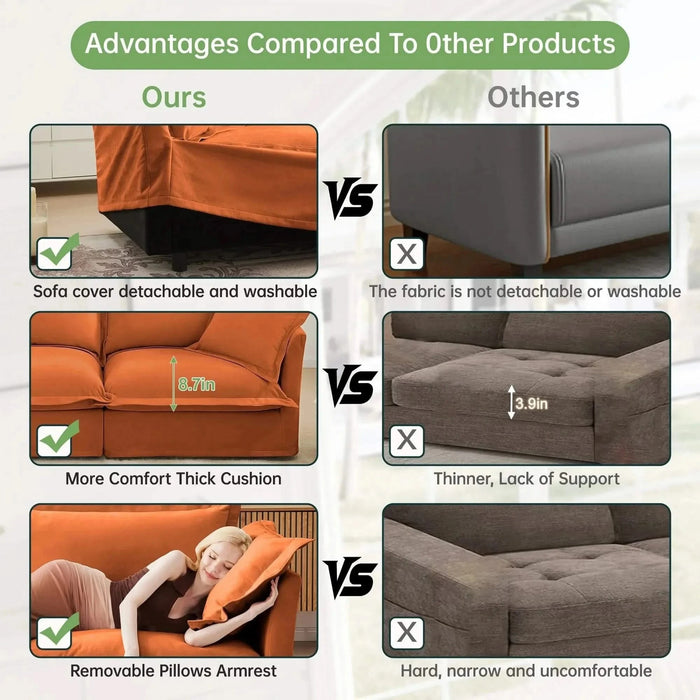 Slipcovered Long Sofa with Removable Cover, Extra Deep Cloud Like Comfy Sofa Couch Camel Corduroy -DTYStore