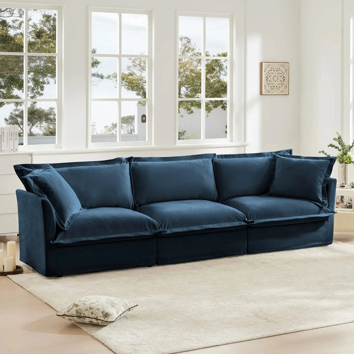 Slipcovered Sofa Couch, Modern 3 Seater Sofa with Suppleness Armrests, Chenille Fleece Deep Seat Sofa with Soft Multiple Big Pillows, Comfy Couch for Living Room, Apartment,Chenille Fabric Blue -DTYStore
