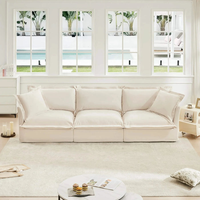 Slipcovered Sofa Couch, Modern 3 Seater Sofa with Suppleness Armrests, Chenille Fleece Deep Seat Sofa with Soft Multiple Big Pillows, Comfy Couch for Living Room, Apartment,Chenille Fabric Cream -DTYStore