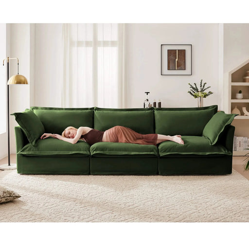 Slipcovered Sofa Couch, Modern 3 Seater Sofa with Suppleness Armrests, Chenille Fleece Deep Seat Sofa with Soft Multiple Big Pillows, Comfy Couch for Living Room, Apartment,Chenille Fabric Green -DTYStore