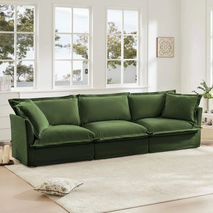 Slipcovered Sofa Couch, Modern 3 Seater Sofa with Suppleness Armrests, Chenille Fleece Deep Seat Sofa with Soft Multiple Big Pillows, Comfy Couch for Living Room, Apartment,Chenille Fabric Green -DTYStore
