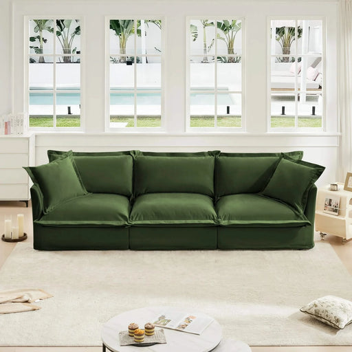 Slipcovered Sofa Couch, Modern 3 Seater Sofa with Suppleness Armrests, Chenille Fleece Deep Seat Sofa with Soft Multiple Big Pillows, Comfy Couch for Living Room, Apartment,Chenille Fabric Green -DTYStore