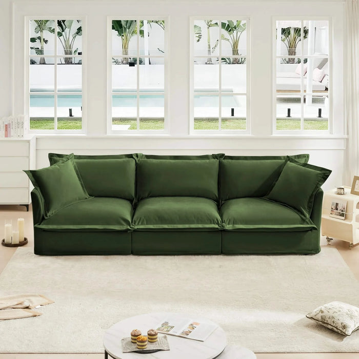 Slipcovered Sofa Couch, Modern 3 Seater Sofa with Suppleness Armrests, Chenille Fleece Deep Seat Sofa with Soft Multiple Big Pillows, Comfy Couch for Living Room, Apartment,Chenille Fabric Green -DTYStore