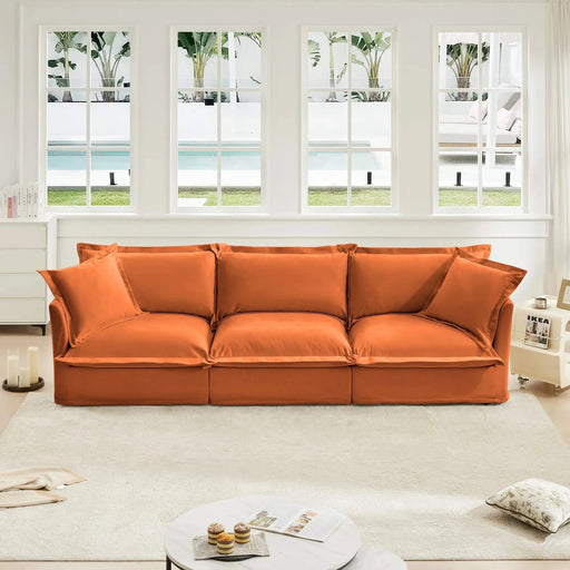 Slipcovered Sofa Couch, Modern 3 Seater Sofa with Suppleness Armrests, Chenille Fleece Deep Seat Sofa with Soft Multiple Big Pillows, Comfy Couch for Living Room, Apartment,Chenille Fabric Orange -DTYStore