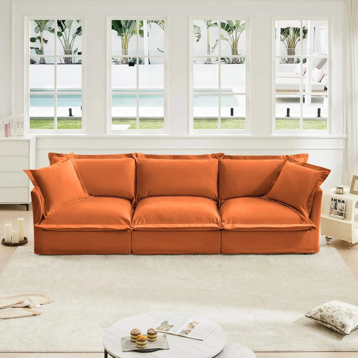Slipcovered Sofa Couch, Modern 3 Seater Sofa with Suppleness Armrests, Chenille Fleece Deep Seat Sofa with Soft Multiple Big Pillows, Comfy Couch for Living Room, Apartment,Chenille Fabric Orange -DTYStore