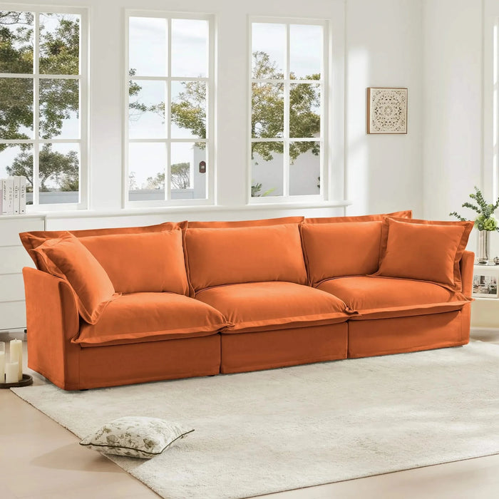 Slipcovered Sofa Couch, Modern 3 Seater Sofa with Suppleness Armrests, Chenille Fleece Deep Seat Sofa with Soft Multiple Big Pillows, Comfy Couch for Living Room, Apartment,Chenille Fabric Orange -DTYStore