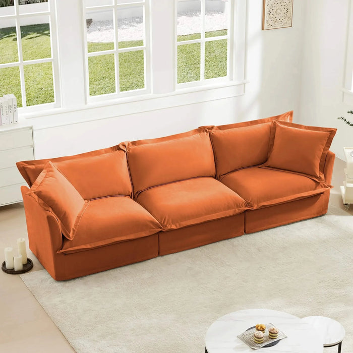 Slipcovered Sofa Couch, Modern 3 Seater Sofa with Suppleness Armrests, Chenille Fleece Deep Seat Sofa with Soft Multiple Big Pillows, Comfy Couch for Living Room, Apartment,Chenille Fabric Orange -DTYStore