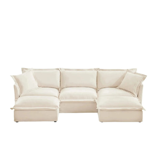 Slipcovered U-Shape Deep Seat Modular Sectional Sofa Couch with French Edge Design Cream Chenille -DTYStore