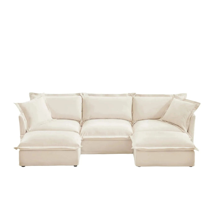 Slipcovered U-Shape Deep Seat Modular Sectional Sofa Couch with French Edge Design Cream Chenille -DTYStore