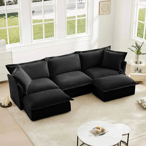 Slipcovered U-Shape Deep Seat Modular Sectional Sofa Couch with French Edge Design Black Chenille -DTYStore