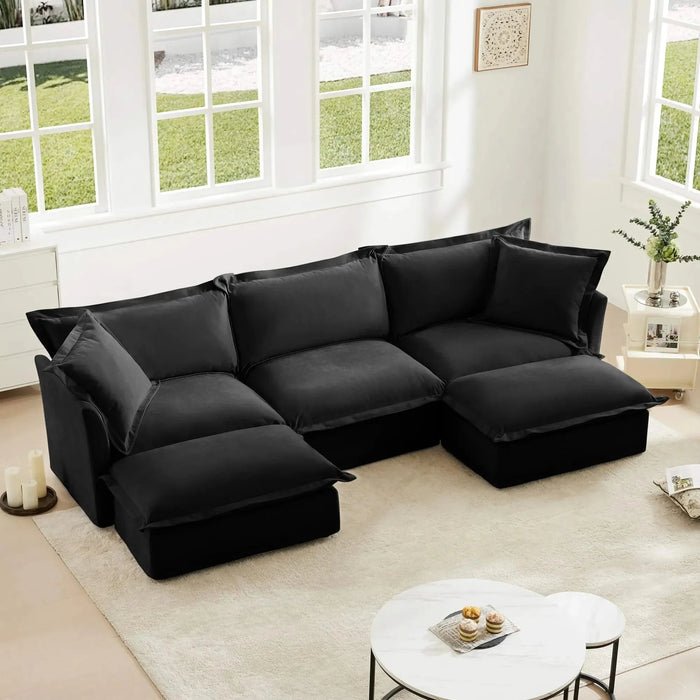 Slipcovered U-Shape Deep Seat Modular Sectional Sofa Couch with French Edge Design Black Chenille -DTYStore