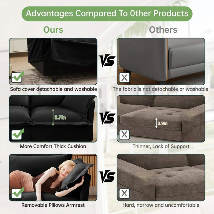 Slipcovered U-Shape Deep Seat Modular Sectional Sofa Couch with French Edge Design Black Chenille -DTYStore