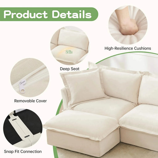 Slipcovered U-Shape Deep Seat Modular Sectional Sofa Couch with French Edge Design Cream Chenille -DTYStore