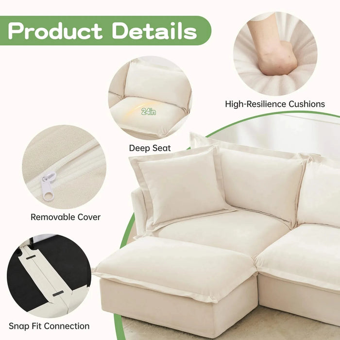 Slipcovered U-Shape Deep Seat Modular Sectional Sofa Couch with French Edge Design Cream Chenille -DTYStore