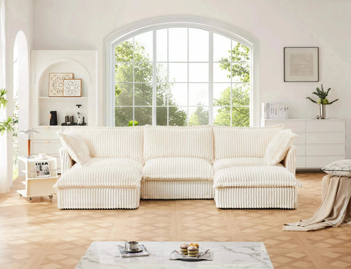 Slipcovered U-Shape Deep Seat Modular Sectional Sofa Couch with French Edge Design Cream Corduroy -DTYStore