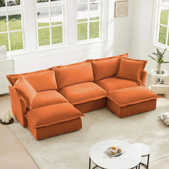 Slipcovered U-Shape Deep Seat Modular Sectional Sofa Couch with French Edge Design Orange Chenille -DTYStore