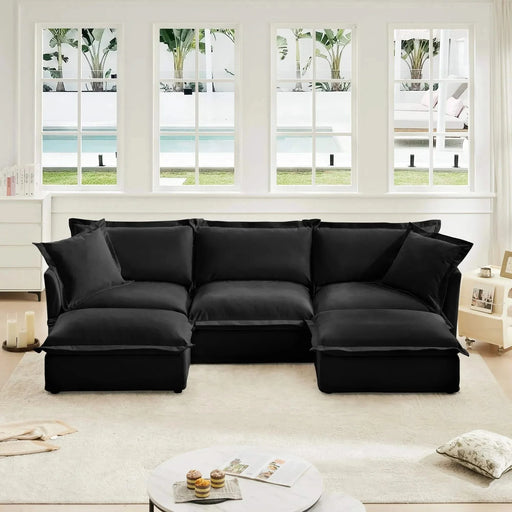 Slipcovered U-Shape Deep Seat Modular Sectional Sofa Couch with French Edge Design Black Chenille -DTYStore