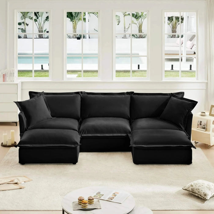 Slipcovered U-Shape Deep Seat Modular Sectional Sofa Couch with French Edge Design Black Chenille -DTYStore