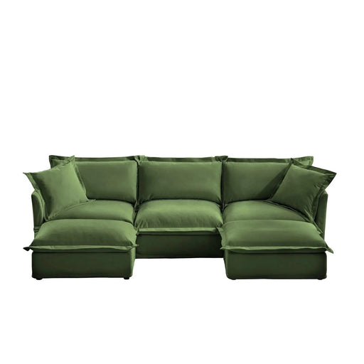 Slipcovered U-Shape Deep Seat Modular Sectional Sofa Couch with French Edge Design Green Chenille -DTYStore