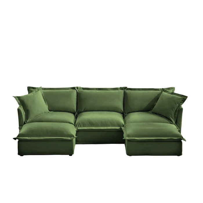 Slipcovered U-Shape Deep Seat Modular Sectional Sofa Couch with French Edge Design Green Chenille -DTYStore