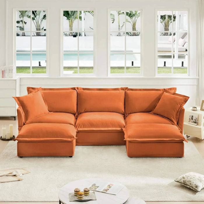 Slipcovered U-Shape Deep Seat Modular Sectional Sofa Couch with French Edge Design Orange Chenille -DTYStore