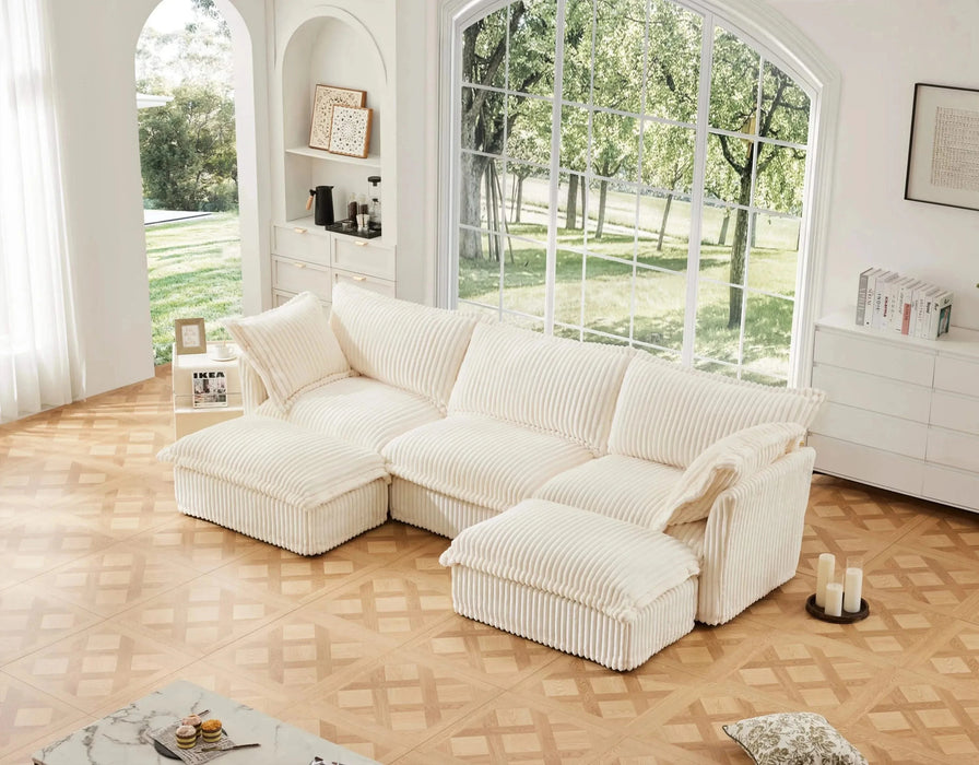 Slipcovered U-Shape Deep Seat Modular Sectional Sofa Couch with French Edge Design Cream Corduroy -DTYStore