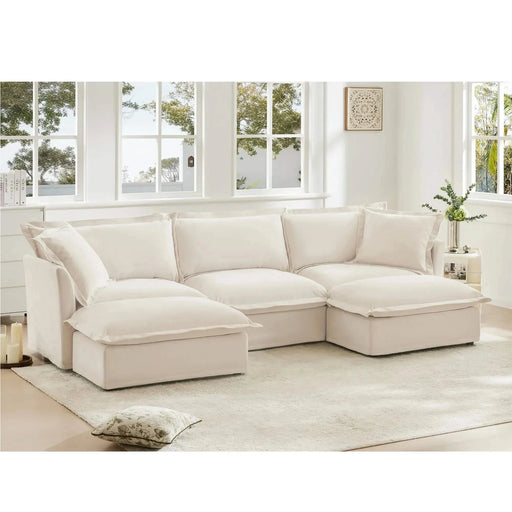Slipcovered U-Shape Deep Seat Modular Sectional Sofa Couch with French Edge Design Cream Chenille -DTYStore