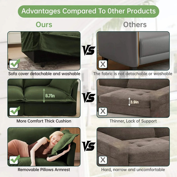 Slipcovered U-Shape Deep Seat Modular Sectional Sofa Couch with French Edge Design Green Chenille -DTYStore
