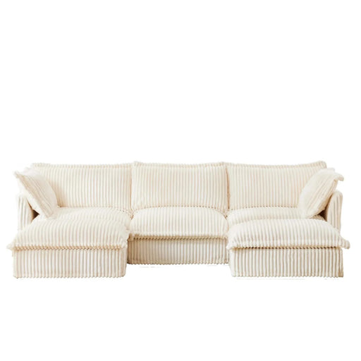 Slipcovered U-Shape Deep Seat Modular Sectional Sofa Couch with French Edge Design Cream Corduroy -DTYStore