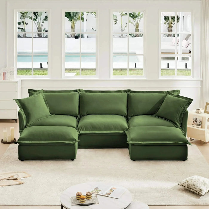 Slipcovered U-Shape Deep Seat Modular Sectional Sofa Couch with French Edge Design Green Chenille -DTYStore
