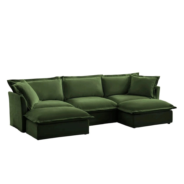 Slipcovered U-Shape Deep Seat Modular Sectional Sofa Couch with French Edge Design Green Chenille -DTYStore