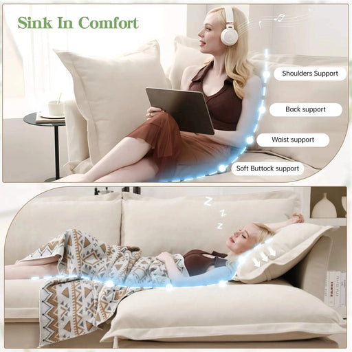 Slipcovered U-Shape Deep Seat Modular Sectional Sofa Couch with French Edge Design Cream Chenille -DTYStore