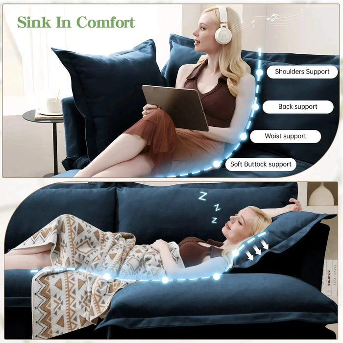 Slipcovered U-Shape Deep Seat Modular Sectional Sofa Couch with French Edge Design Blue Chenille -DTYStore