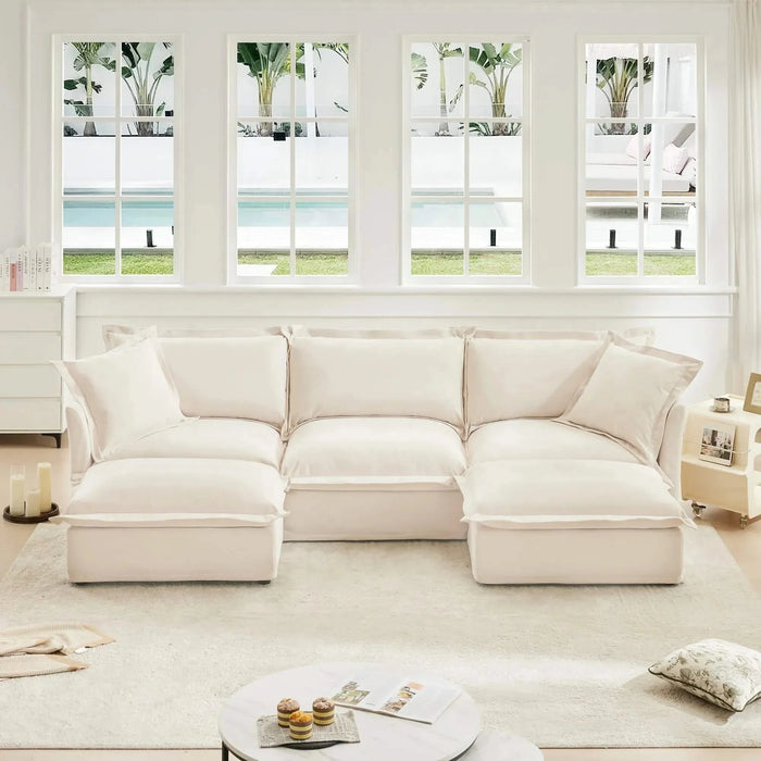Slipcovered U-Shape Deep Seat Modular Sectional Sofa Couch with French Edge Design Cream Chenille -DTYStore