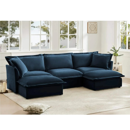 Slipcovered U-Shape Deep Seat Modular Sectional Sofa Couch with French Edge Design Blue Chenille -DTYStore