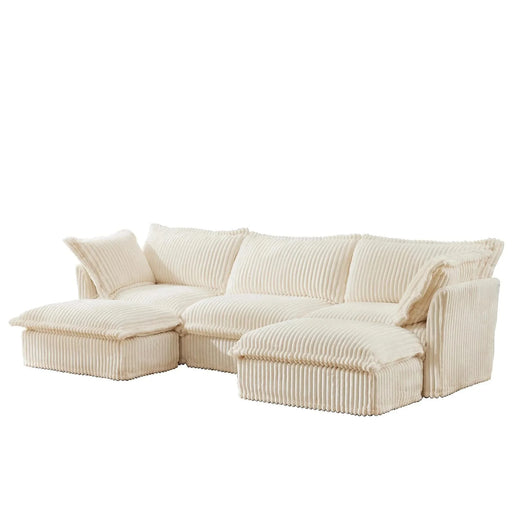 Slipcovered U-Shape Deep Seat Modular Sectional Sofa Couch with French Edge Design Cream Corduroy -DTYStore