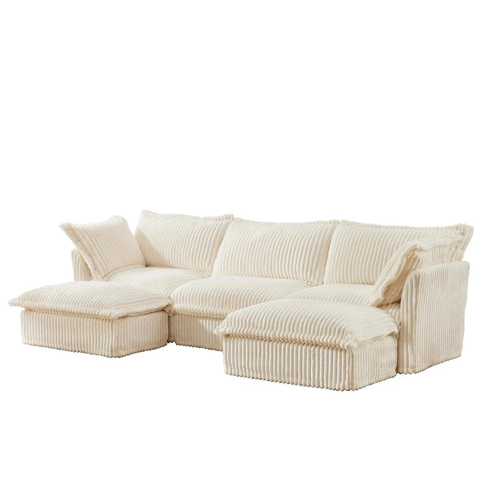 Slipcovered U-Shape Deep Seat Modular Sectional Sofa Couch with French Edge Design Cream Corduroy -DTYStore