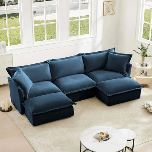 Slipcovered U-Shape Deep Seat Modular Sectional Sofa Couch with French Edge Design Blue Chenille -DTYStore
