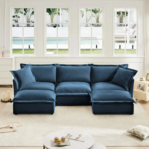 Slipcovered U-Shape Deep Seat Modular Sectional Sofa Couch with French Edge Design Blue Chenille -DTYStore