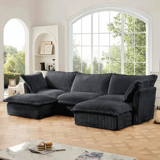 Slipcovered U-Shape Deep Seat Modular Sectional Sofa Couch with French Edge Design Gray Corduroy -DTYStore