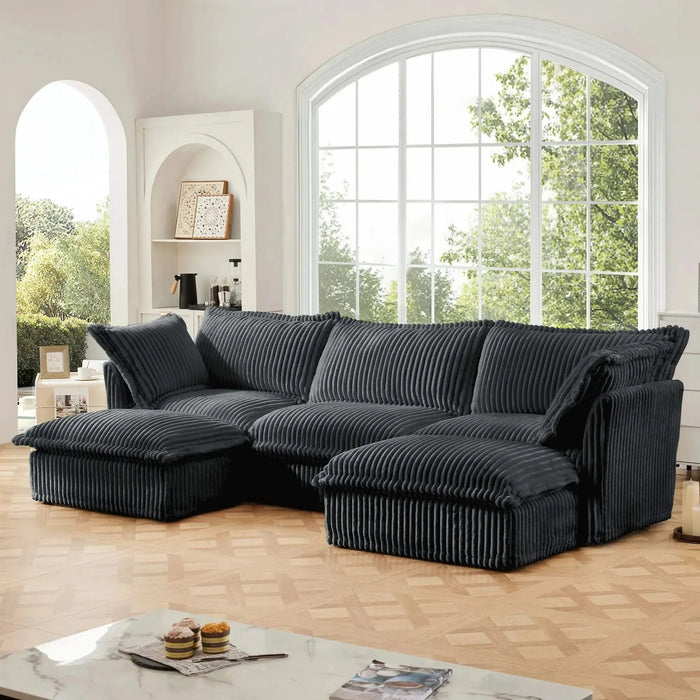 Slipcovered U-Shape Deep Seat Modular Sectional Sofa Couch with French Edge Design Gray Corduroy -DTYStore